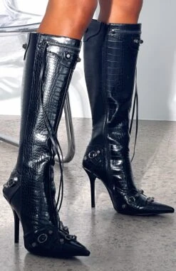 Jasmine Knee High Boots Black Croc