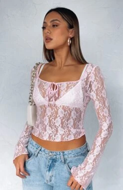 Take Command Long Sleeve Lace Top Baby Pink
